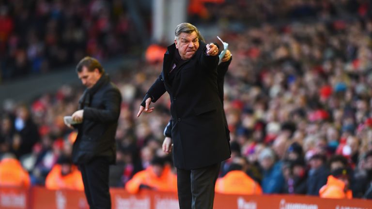 West Ham manager Sam Allardyce  gives instructions during their  match against Liverpool