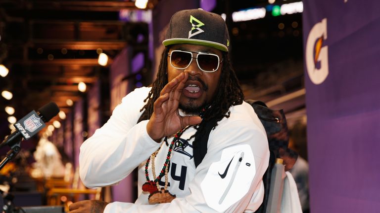 Marshawn Lynch addresses the media at Super Bowl XLIX Media Day
