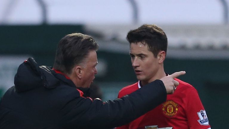 Manager Louis van Gaal of Manchester United speaks to Ander Herrera during the FA Cup Third Round match against Yeovil Town at Huish Park