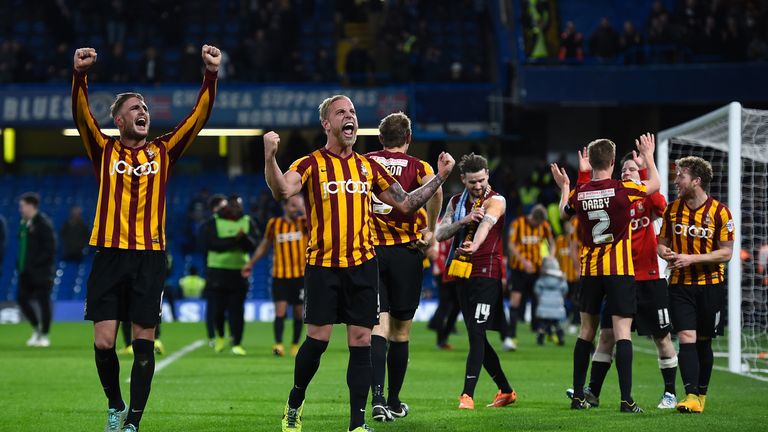 Garry Liddle and Andrew Davies of Bradford celebrate at the end of the FA Cup Fourth Round match between Chelsea and Bradford City