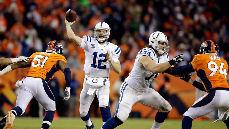 Andrew Luck #12 of the Indianapolis Colts passes against the Denver Broncos during a 2015 AFC Divisional Playoff game