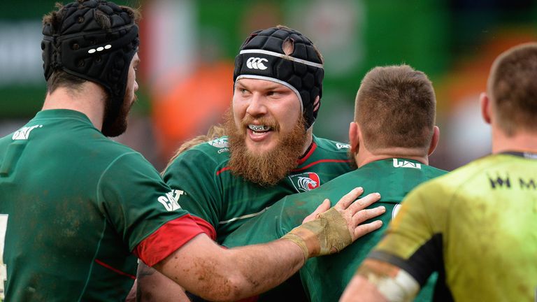 LEICESTER, ENGLAND - JANUARY 31:  Sebastian De Chaves of Leicester Tigers celebrates Laurence Pearce's try during the LV= Cup match between Leicester Tiger