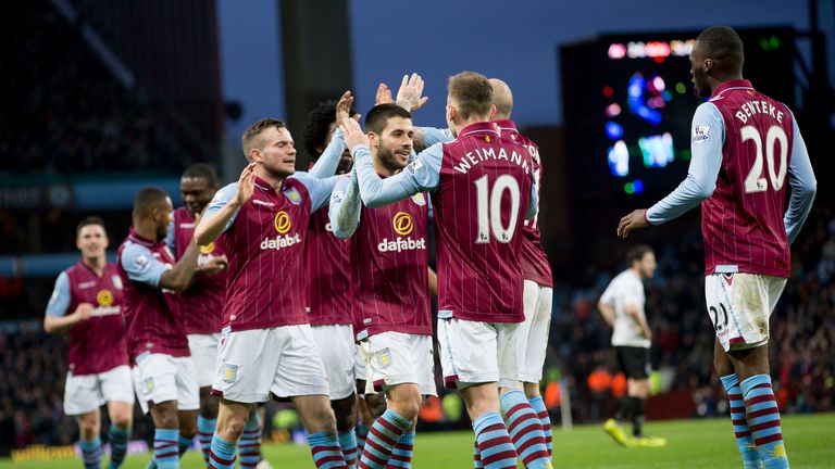 Aston Villa celebrate after Andreas Weimann doubles their lead.