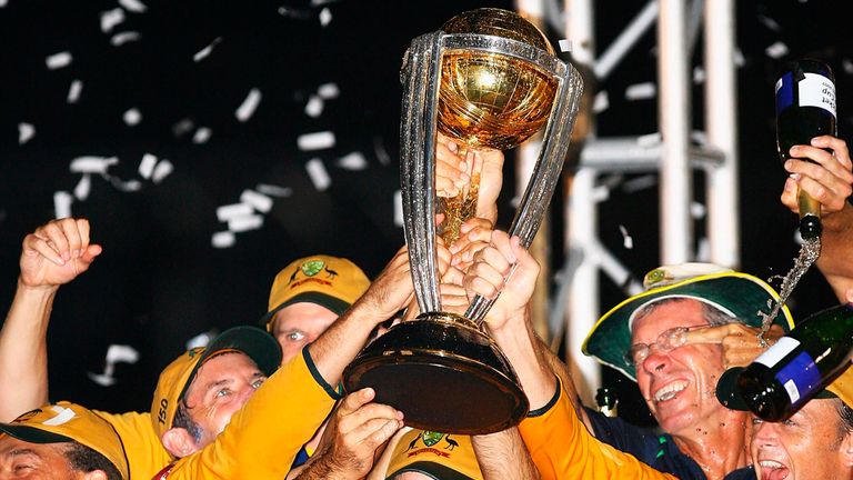 BRIDGETOWN, BARBADOS - APRIL 28:  Ricky Ponting of Australia holds the ICC Cricket World Cup trophy after the ICC Cricket World Cup Final between Australia