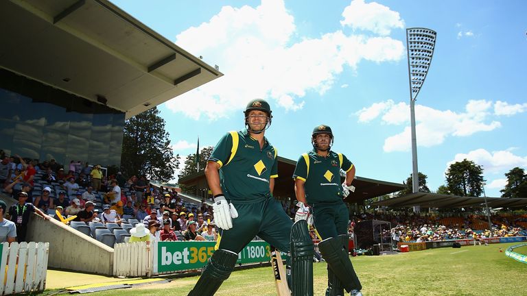 CANBERRA, AUSTRALIA - FEBRUARY 06: Shane Watson and Aaron Finch of Australia prepare to bat during the Commonwealth Bank One Day International Series betwe