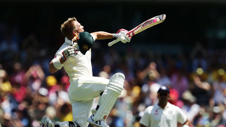 David Warner celebrates his century
