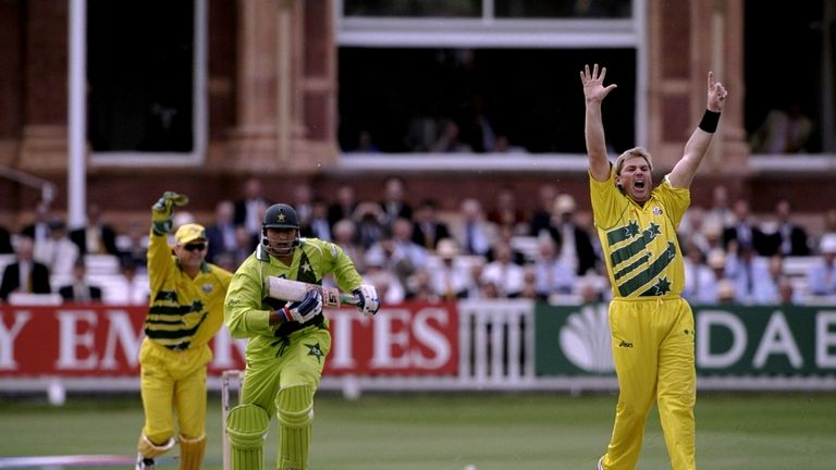 20 Jun 1999:  Shane Warne of Australia takes the wicket of Shahid Afridi of Pakistan during the Cricket World Cup Final at Lord's in London. Australia won 