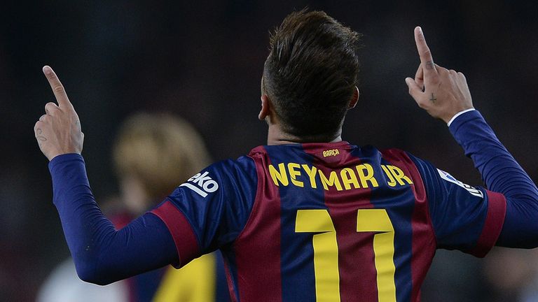 Barcelona's Brazilian forward Neymar da Silva Santos Junior celebrates his goa