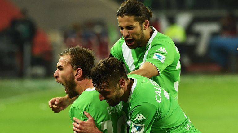 Bas Dost of Wolfsburg celebrate scoring his second goal against Bayern Munich