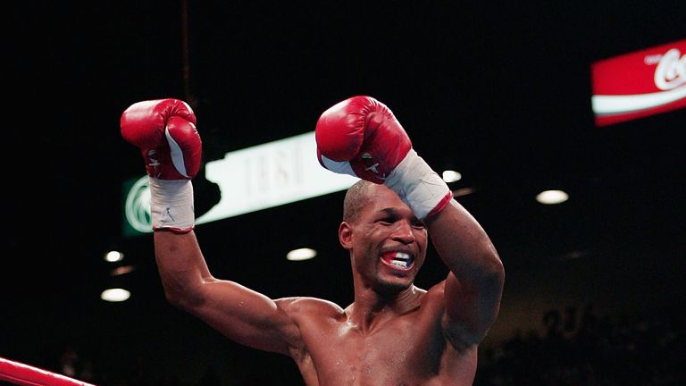 LAS VEGAS - SEPTEMBER 18:  Bernard Hopkins celebrates after knocking out Oscar De La Hoya for the world middleweight title at the MGM Grand Garden Arena on