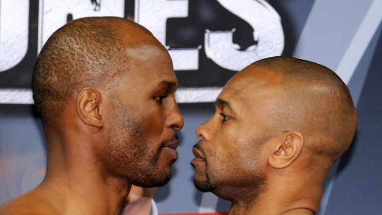 LAS VEGAS - APRIL 02:  Boxers Bernard Hopkins (L) and Roy Jones Jr. face off during the official weigh-in for their bout at the Mandalay Bay Events Center 