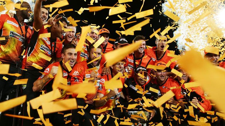 Michael Carberry, top left, celebrates BBL glory with his Perth Scorchers team-mates