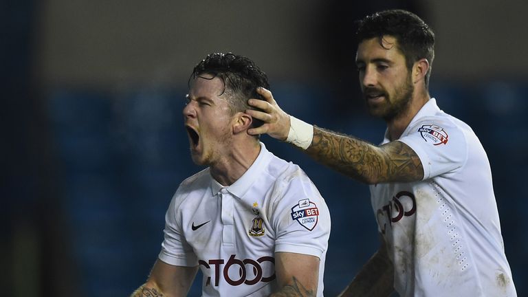 Billy Knott of Bradford celebrates scoring their third goal with Alan Sheehan during the FA Cup Third Round
