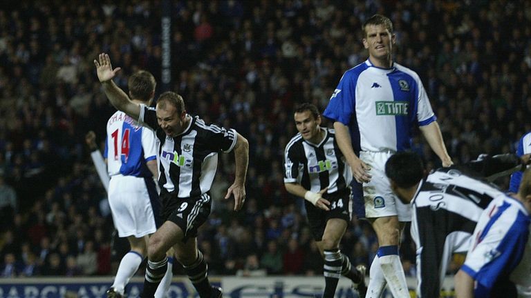 23 Apr 2002:  Alan Shearer of Newcastle celebrates after scoring the equalising goal during the Blackburn Rovers v Newcastle United 