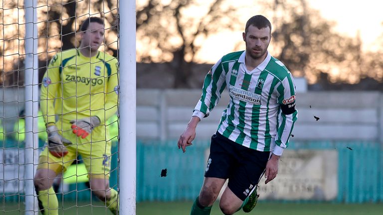 Blyth Spartans' Robert Dale (right) celebrates scoring his sides first goal of the game with team-mates during the FA Cup Third Round match at Croft Park, 