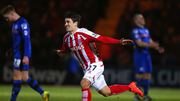 Bojan Krkic of Stoke City celebrates scoring the opening goal during the FA Cup fourth round match between Rochdale and Stoke City at Spotland
