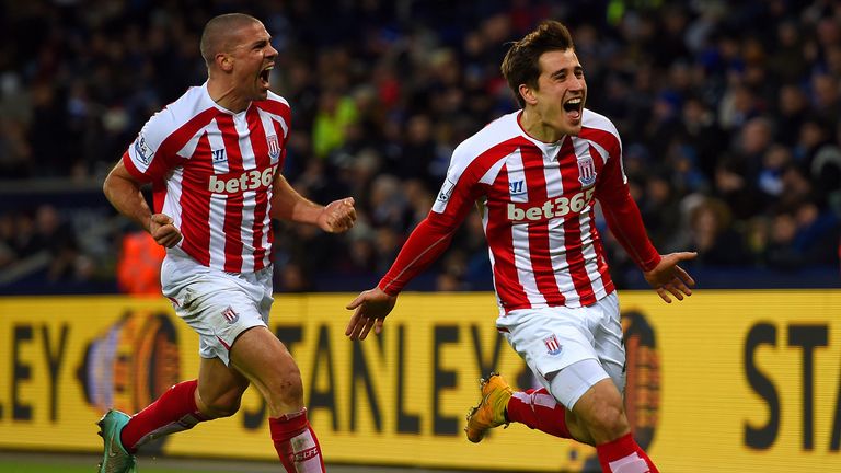 Bojan Krkic of Stoke City celebrates after scoring the opening goal during the Barclays Premier League match between Leicester and Stoke 