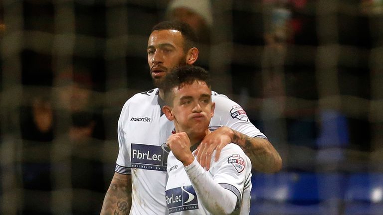  Zach Clough (R) of Bolton celebrates his goal with team mate Craig Davies during the FA Cup Third Round match between Bolton and Wigan