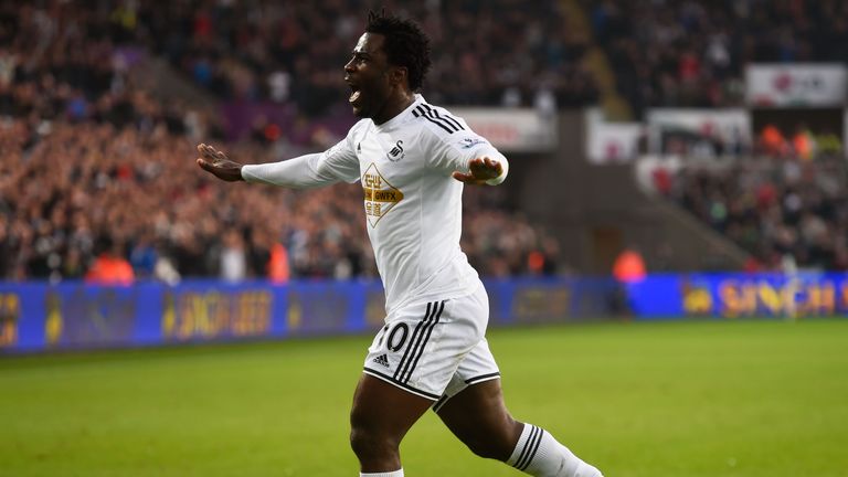 Wilfried Bony of Swansea City celebrates as he scores their first goal during the Barclays Premier League match between Swansea and Crystal Palace