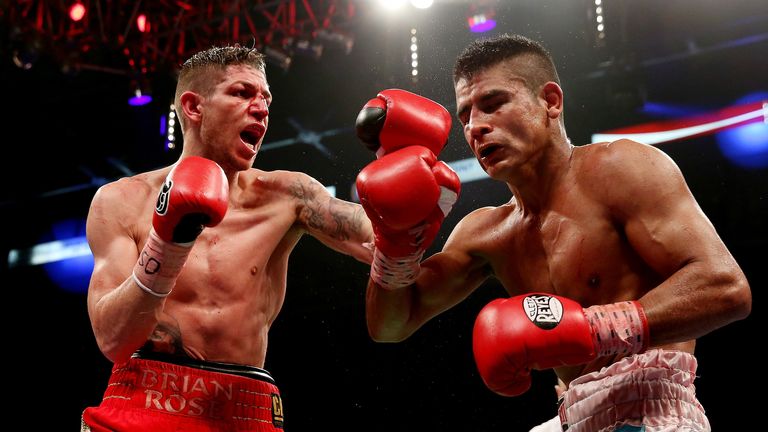 Brian Rose in action with Javier Maciel during their Final Eliminator for WBO World Light Middleweight Championship