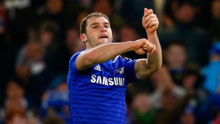 Branislav Ivanovic of Chelsea celebrates scoring against Liverpool in the Capital One Cup semi-final