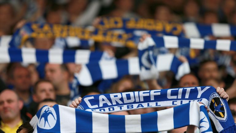 Cardiff City fans holding up blue and white scarves in the stands