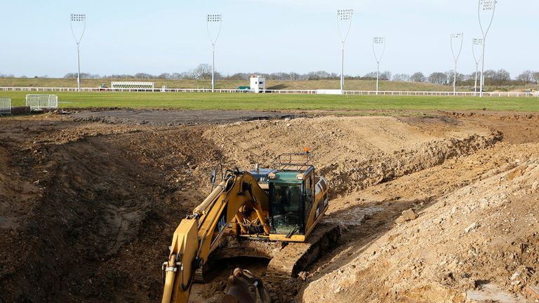 CHELMSFORD, ENGLAND - JANUARY 11: Work still in progress on the opening day at Chelmsford City racecourse on January 11, 2015 in Chelmsford, England.