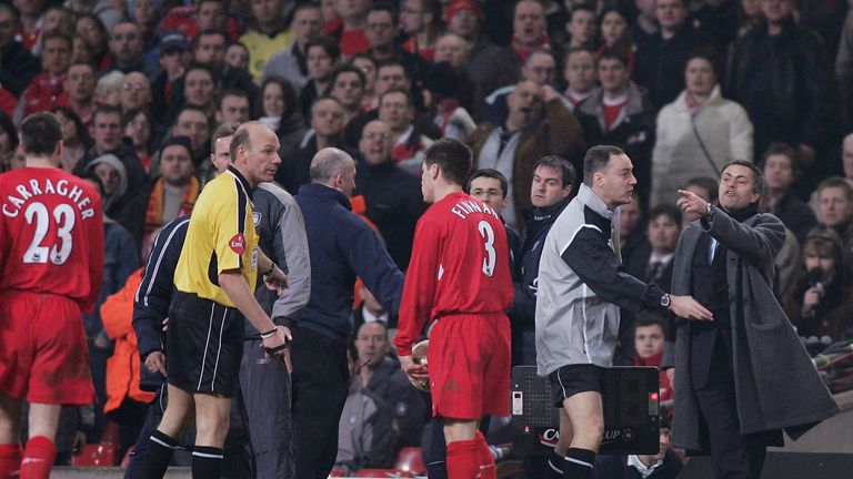 Chelsea manager Jose Mourinho shouts abuse at Jamie Carragher of Liverpool during the 2005 League Cup Final
