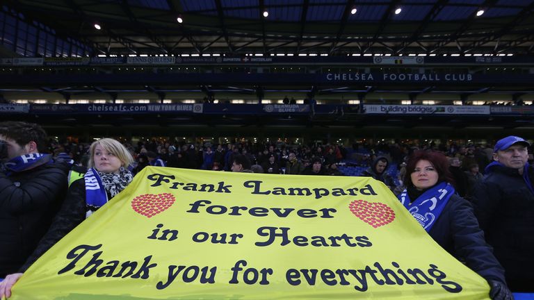 LONDON, ENGLAND - JANUARY 31:  Chelsea fans hold up signs to former Chelsea player Frank Lampard of Manchester City during the Barclays Premier League matc