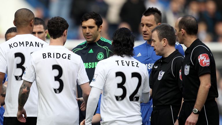 John Terry of Chelsea and Wayne Bridge of Manchester City walk past each other prior to the Barclays Premier League match in 2010