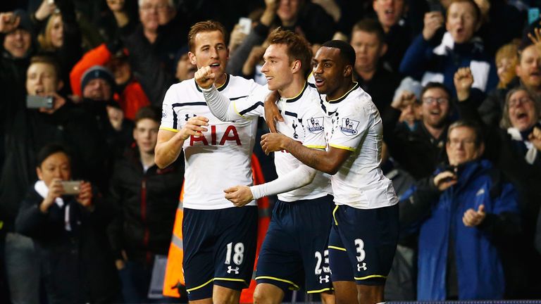 Christian Eriksen celebrates with Harry Kane and Danny Rose 