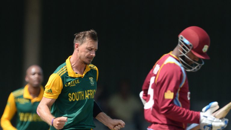 Dale Steyn of South Africa celebrates the wicket of Denesh Ramdin during the 3rd ODI between South Africa 