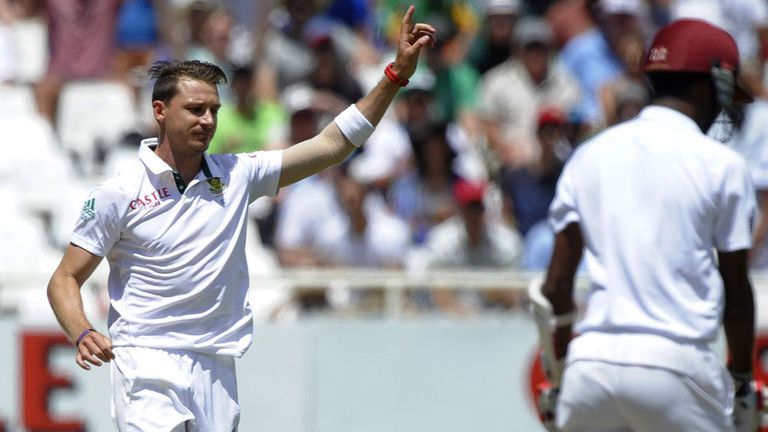 Dale Steyn celebrates taking the wicket of West Indies opener Kraigg Brathwaite 