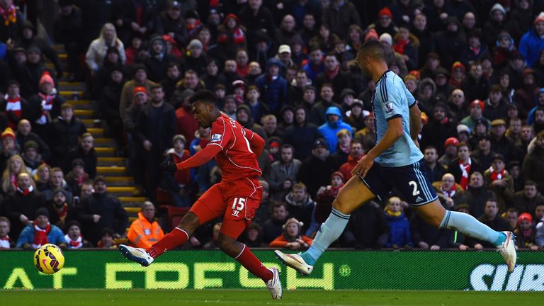 Daniel Sturridge of Liverpool scores his goal during the Barclays Premier League match between Liverpool and West Ham United