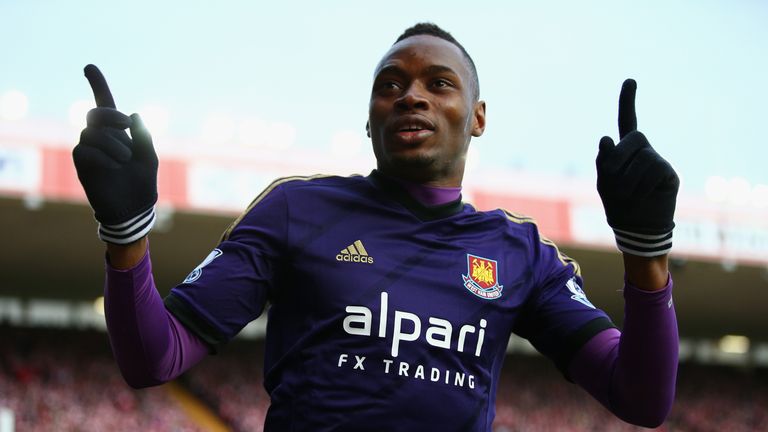 Diafra Sakho of West Ham United celebrates scoring his side's opening goal during the FA Cup Fourth Round match against Bristol City