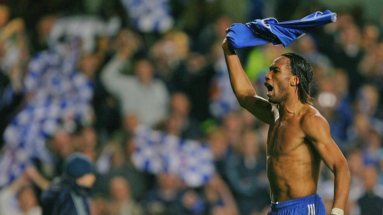 Chelsea player Didier Drogba celebrates after Chelsea beat Liverpool during the second leg of a UEFA Champions League semi-final game at Stamford Bridge