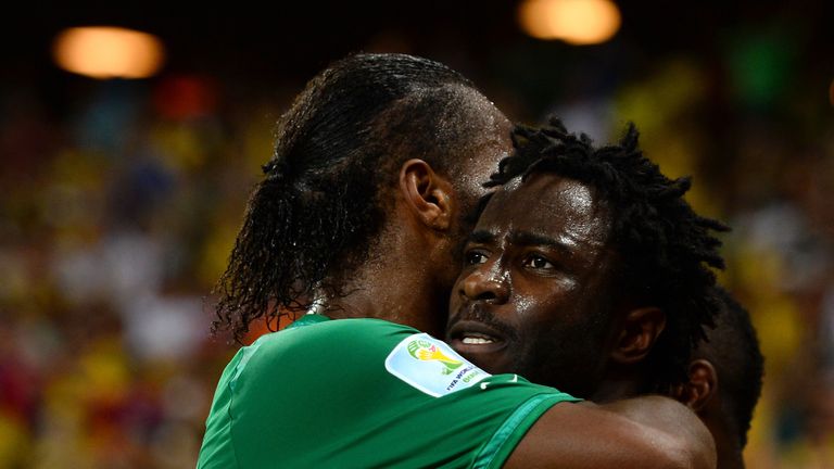 FORTALEZA, BRAZIL - JUNE 24:  Wilfried Bony of the Ivory Coast (R) celebrates scoring his team's first goal with Didier Drogba during the 2014 FIFA World C