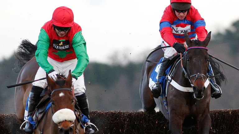 ASCOT, ENGLAND - JANUARY 17:  Noel Fehily riding Dodging Bullets (L) cler the last to win The Sodexo Clarence House Steeple Chase from Sprinter Sacre and B