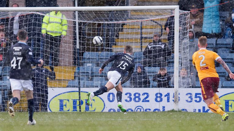 10/01/15 SCOTTISH PREMIERSHIP.DUNDEE v MOTHERWELL.DENS PARK - DUNDEE.Dundee star Greg Stewart heads into the empty net to make it 2-0