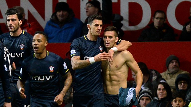 Southampton's Dusan Tadic celebrates scoring his side's first goal against Manchester United
