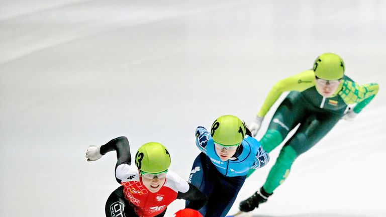 Elise Christie of Great Britain leads and goes on to win the Ladies 500m gold medal