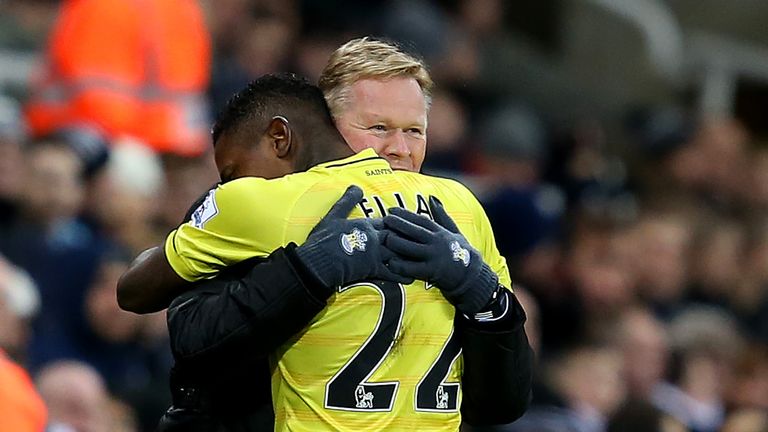 Eljero Elia celebrates with Ronald Koeman, manager of Southampton, after scoring the opening goal during the  Premier League match against Newcastle