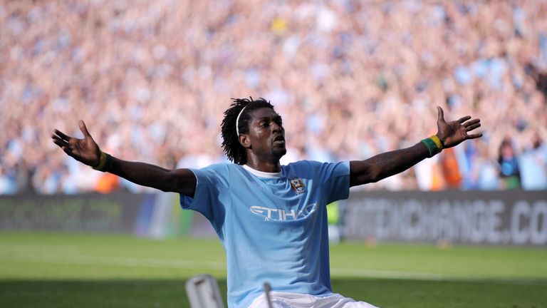 MANCHESTER, ENGLAND - SEPTEMBER 12:  Emmanuel Adebayor of Manchester City celebrates in front of the Arsenal fans after scoring during the Barclays Premier