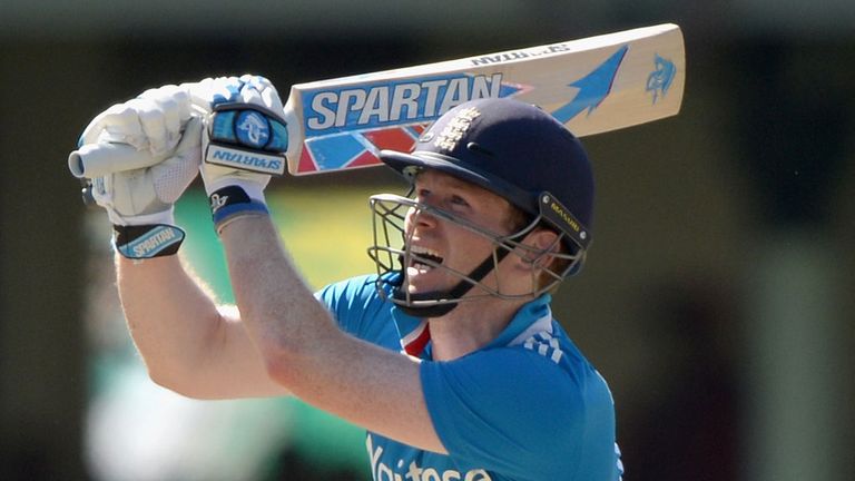 England captain Eoin Morgan hits out for six runs during the One Day International series match between Australia and England 