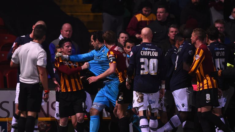 Tempers flare up between Bradford City and Millwall.