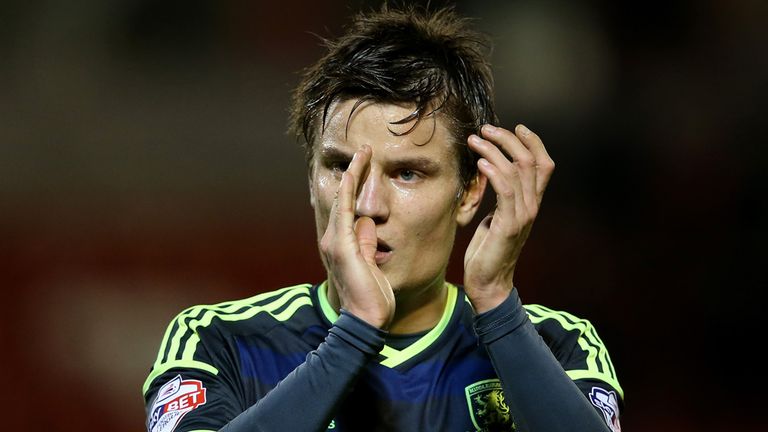 Goalscorer Jelle Vossen of Middlesbrough applauds the fans during the FA Cup Third Round match between Barnsley and Middlesbrough