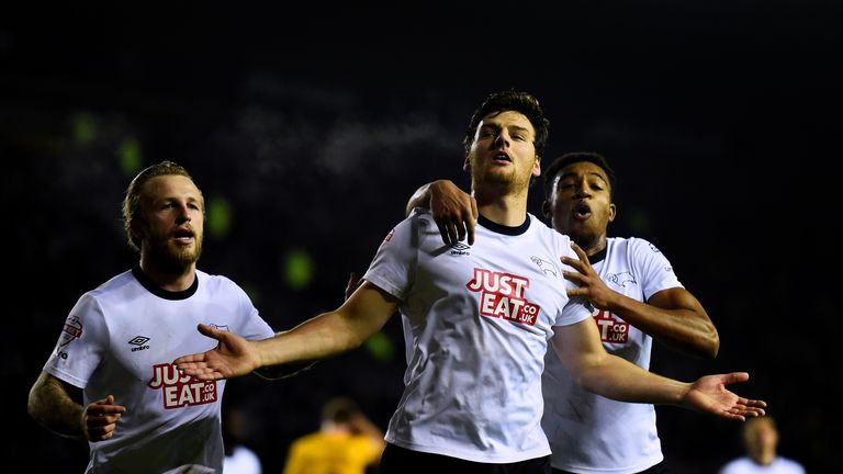 DERBY, ENGLAND - JANUARY 03:  Chris Martin of Derby celebrates after scoring the winning goal from the penalty spot during the FA Cup Third Round match bet