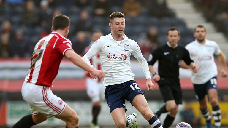 Paul Gallagher of Preston controls the ball ahead of Harrison McGahey of Sheffield United during the FA Cup Fourth Round
