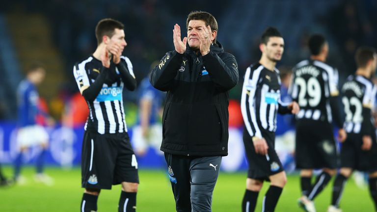 John Carver, joint caretaker manager of Newcastle United applauds the fans after the FA Cup Third Round match at Leicester