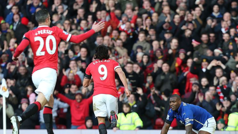 Man Utd's Radamel Falcao celebrates scoring their second goal against Leicester City 